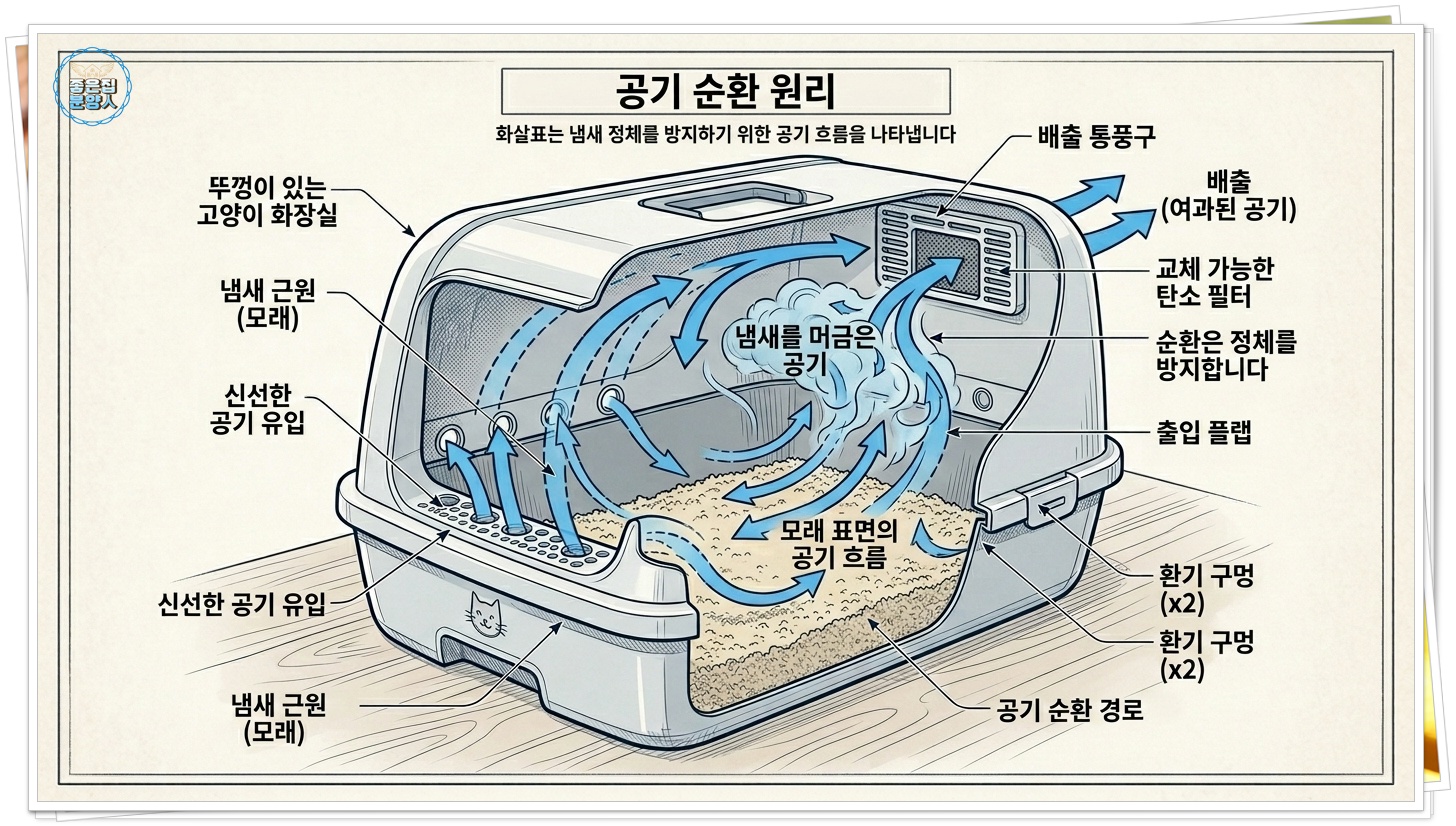 화장실 내부의 공기 흐름(Airflow)을 화살표로 표현하여 악취가 정체되지 않고 순환되는 원리를 보여주는 투시도