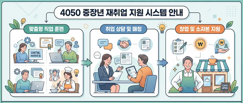 40대 50대 중장년 재취업 지원금 종류 및 경력지원제도 신청 방법을 안내하는 타이틀 일러스트