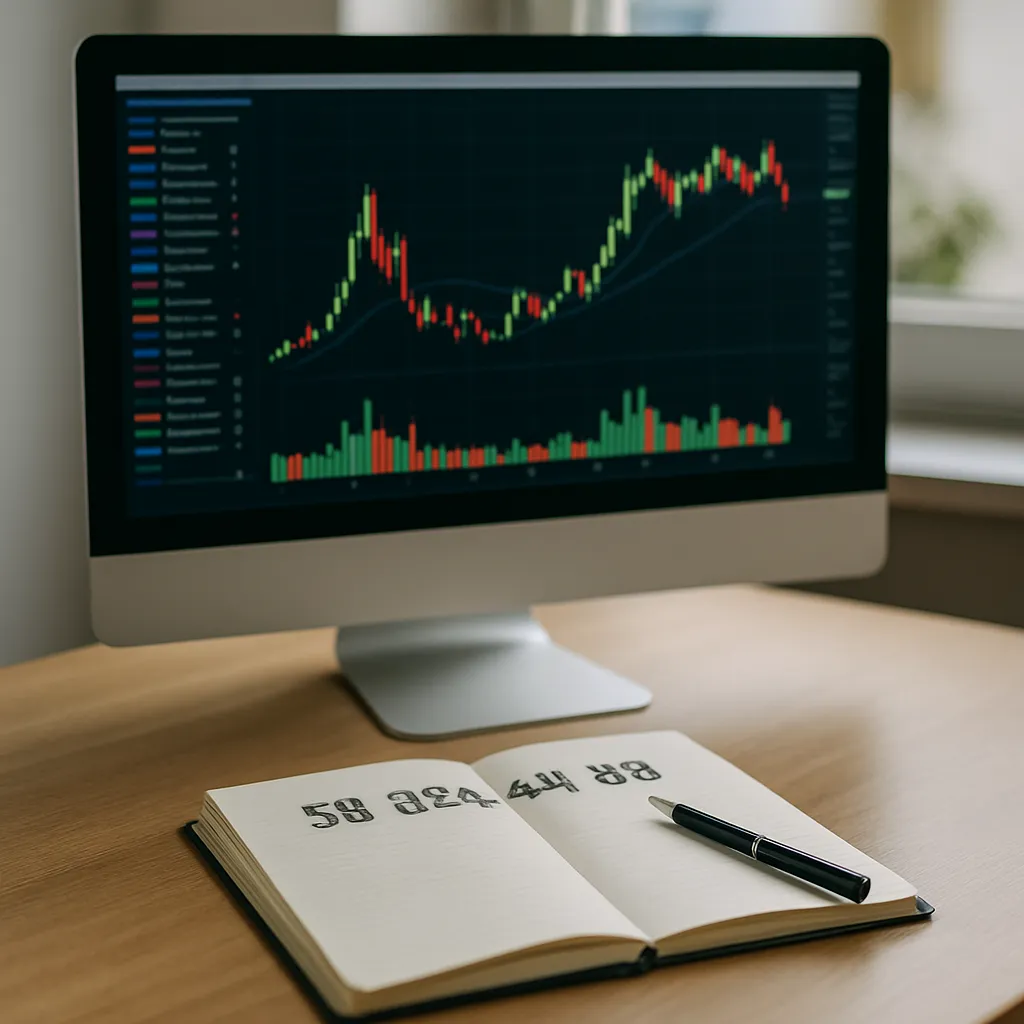 주식 차트를 띄운 모니터와 메모장