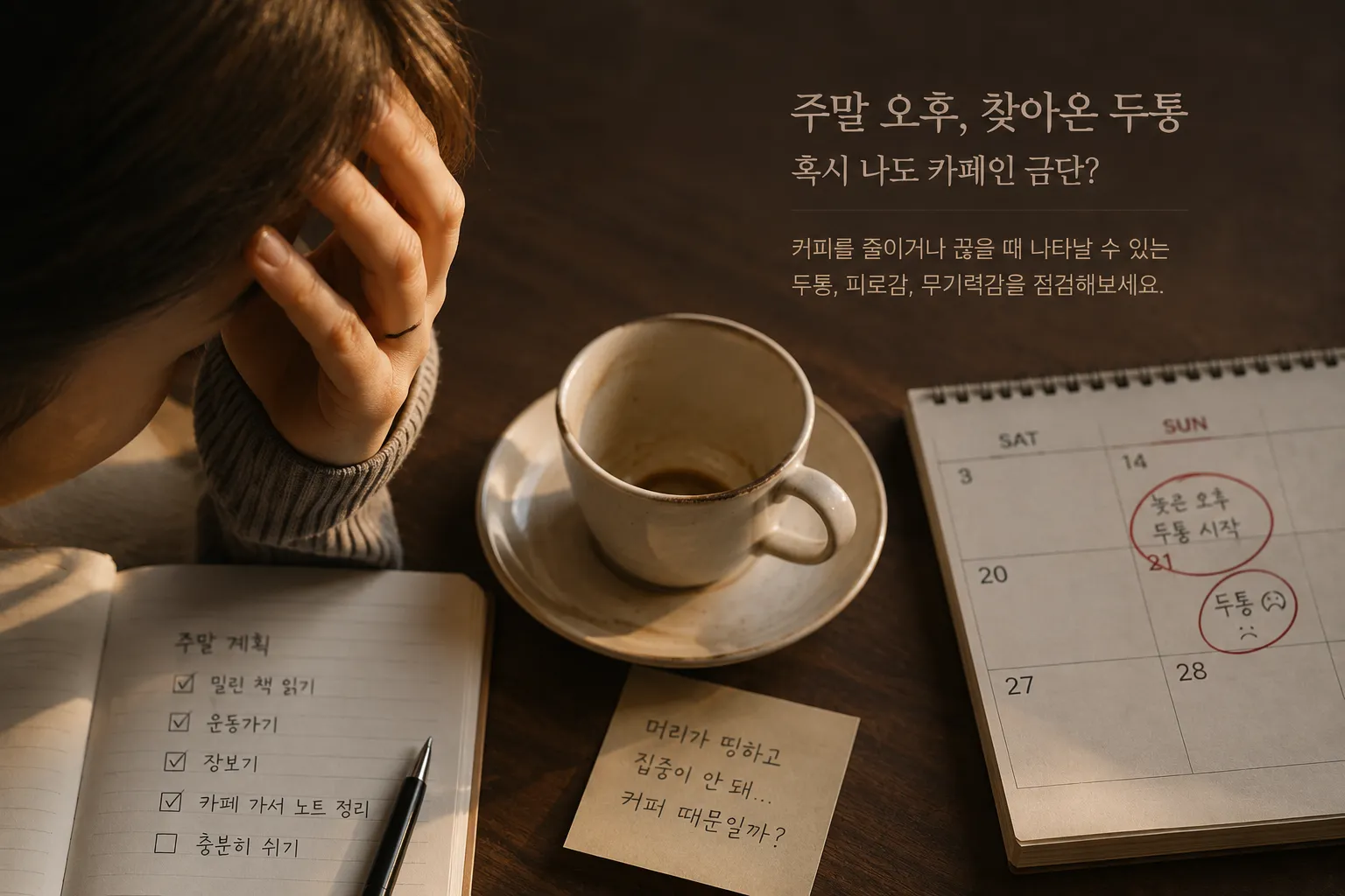 주말 오후 카페인 금단으로 인한 두통을 표현한 장면