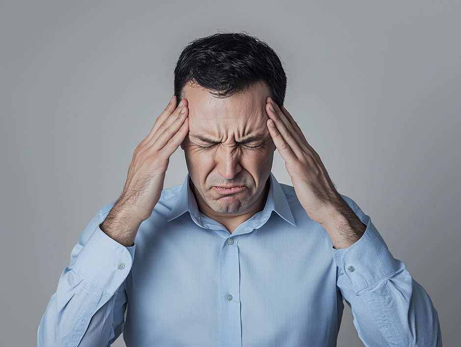이 사진은 한 남성이 두통을 겪는 모습을 보여줍니다. 그는 연한 파란색 셔츠를 입고 있으며, 두 손으로 머리를 감싸 쥔 채 얼굴을 찡그리고 있습니다. 눈을 감고 인상을 쓰고 있어 고통스럽거나 스트레스를 받는 듯한 표정입니다. 배경은 단순한 회색으로 집중도를 높이고 있으며, 이 이미지는 두통, 스트레스, 피로 또는 건강 문제를 표현하는 데 사용될 수 있습니다.