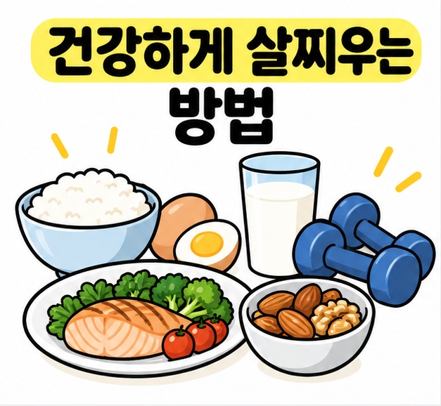 밥과 단백질 식품, 견과류가 놓인 식탁 옆에 건강하게 살찌우는 방법 제목을 크게 배치한 카드
