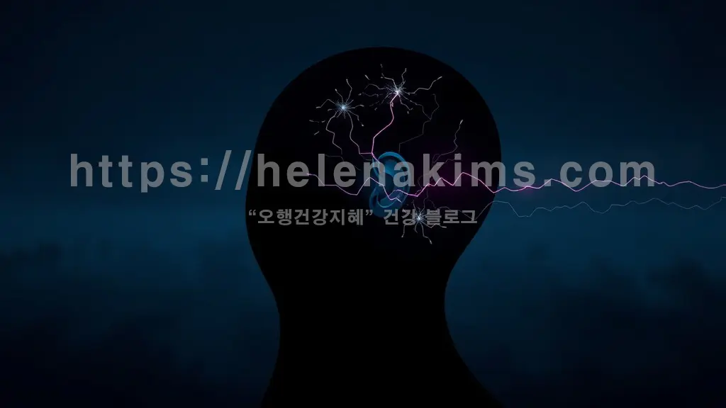 귀 내부에서 미세한 전기 신호처럼 밝게 빛나는 '삐~' 소리의 파동이 은은하게 퍼져나가며, 주변의 고요함 속에 잠재 된 불안감과 혼란을 섬세하게 강조하는 이미지.