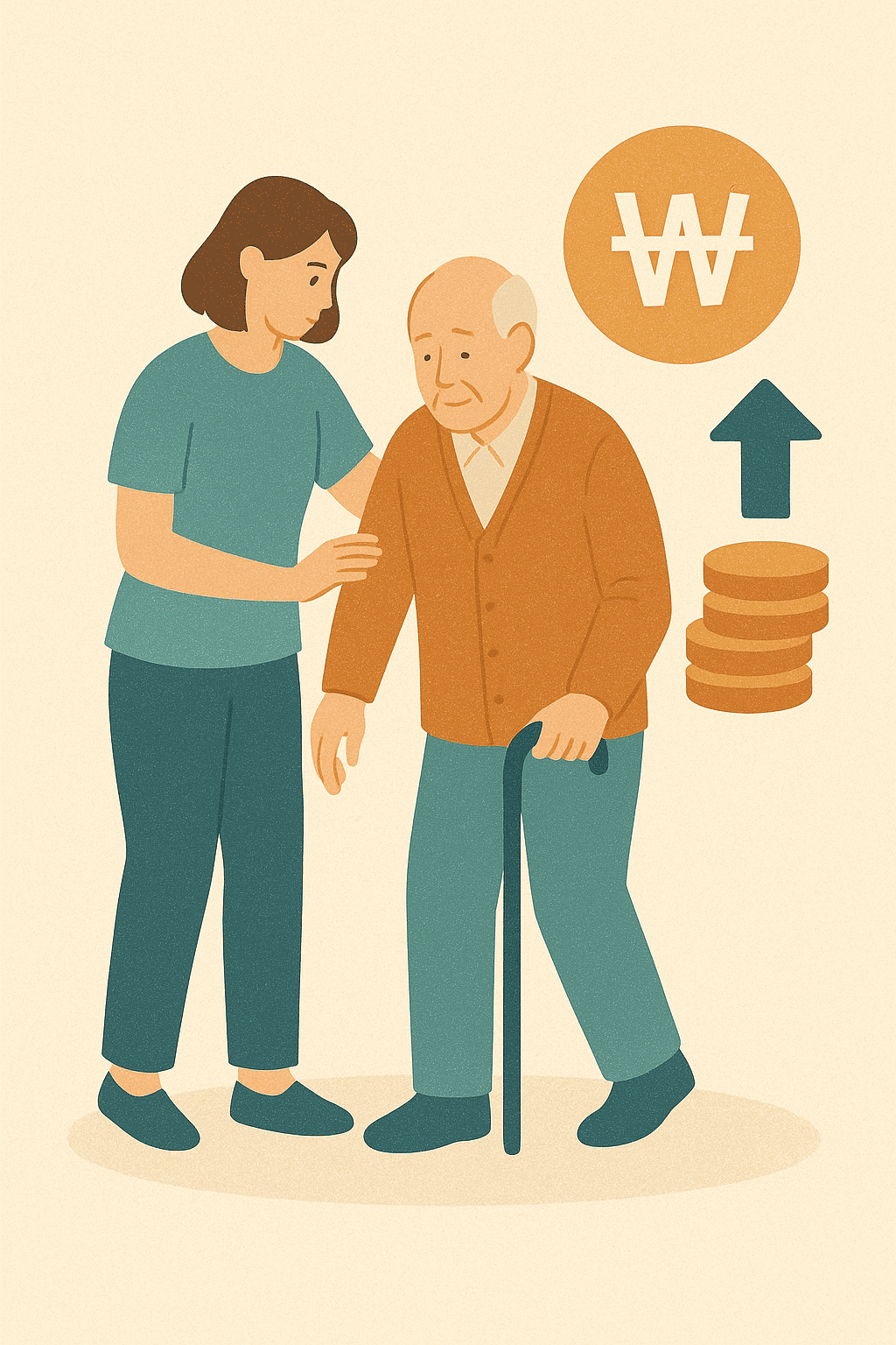 노인을 간병하는 모습과 상승하는 간병 비용을 상징하는 일러스트