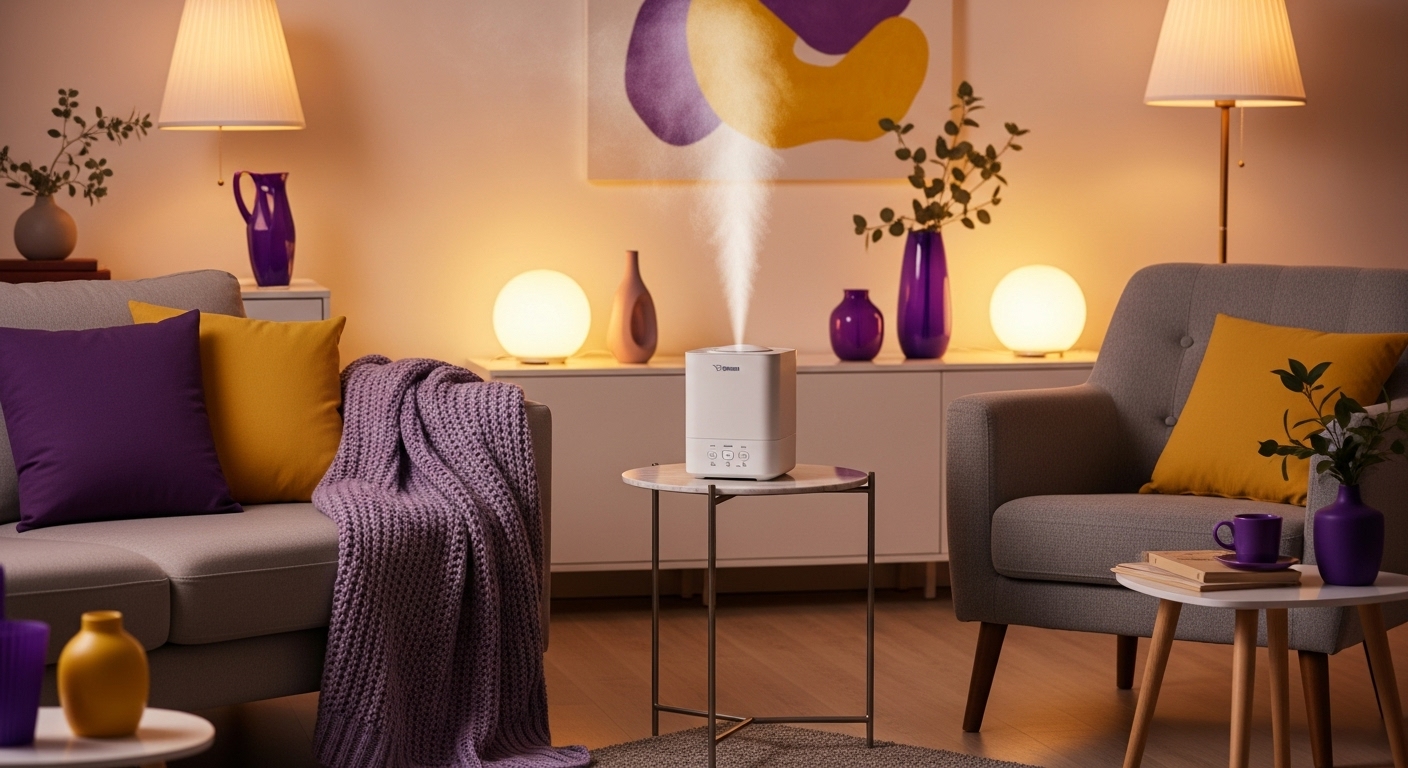 2025년 겨울, 보라색과 노란색 악센트로 꾸며진 아늑한 거실에서 조지루시 EE-DVH35K-WM 가열식 가습기가 깨끗한 증기를 분사하며 쾌적함을 선사하는 모습.