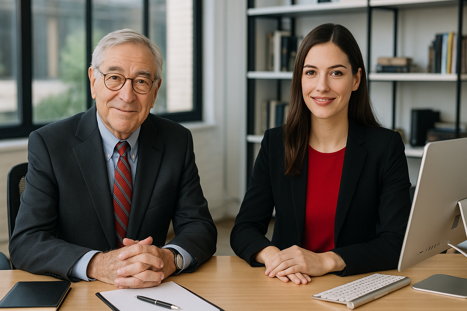 70대 시니어 인턴과 젊은 여성 ceo가 나란히 앉아있는 사진