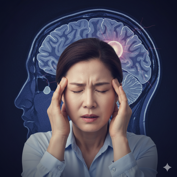 “건강 관련 이미지” – 병원 MRI 스캔 화면 또는 두통으로 고통스러워하는 여성