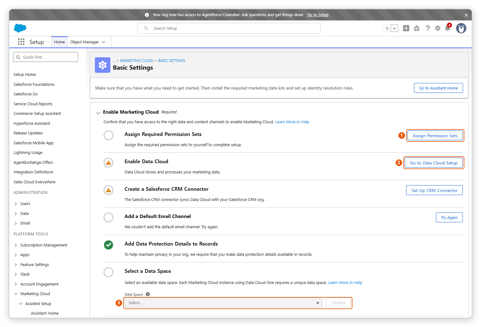 활성화 전 Basic Settings. 1 Assign Permission Sets, 2 Go to Data Cloud Setup, 3 Data Space 칸과 Confirm