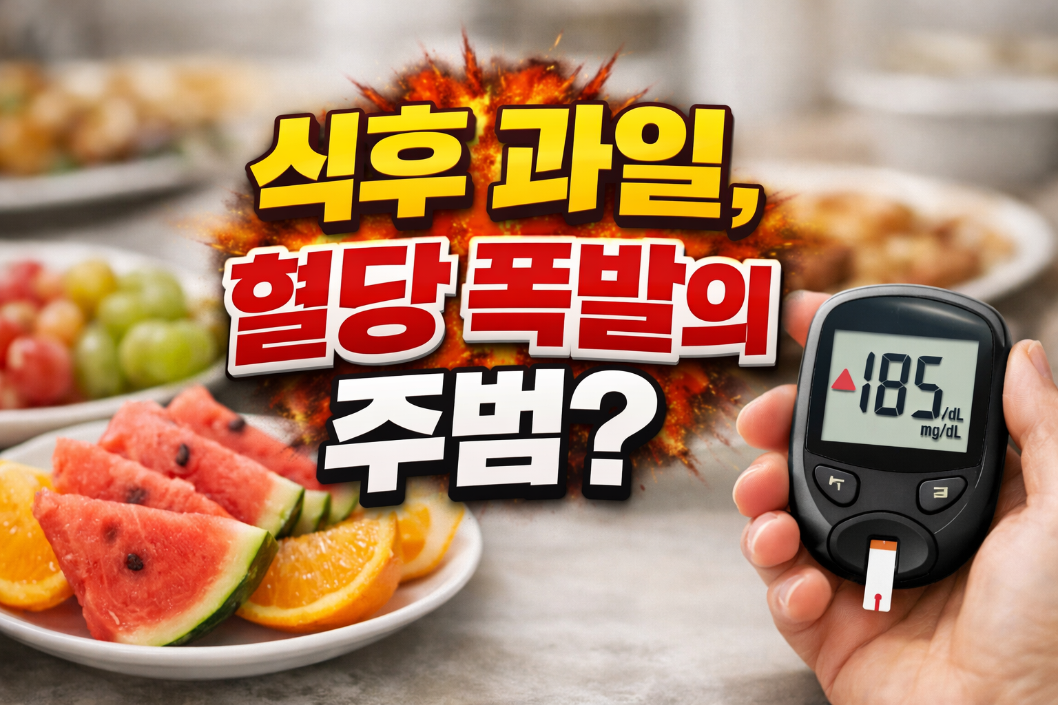 수박과 오렌지 등 과일 접시 앞에서 혈당측정기 185mg/dL 수치를 보여주며 ‘식후 과일, 혈당폭발의 주범?’ 문구가 강조된 이미지