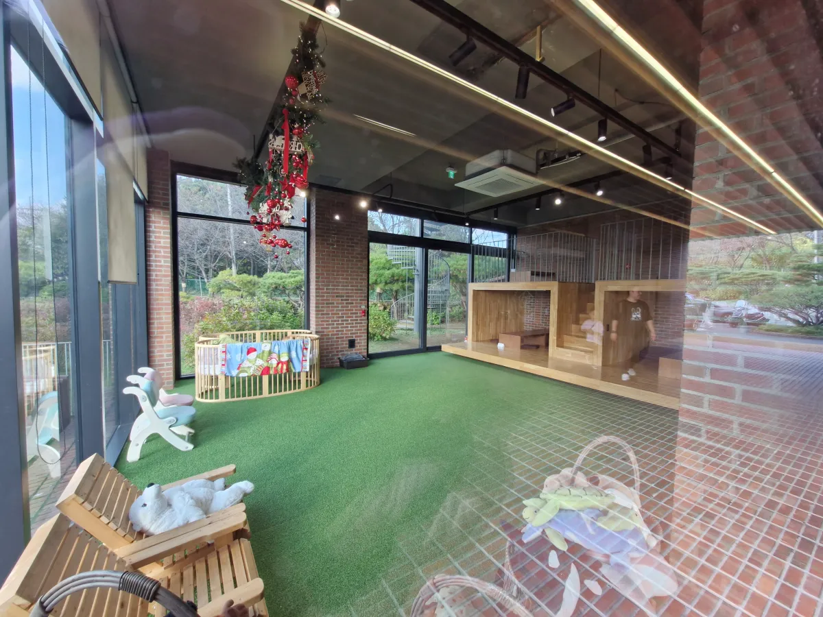 더반올가닉-패밀리룸-내부-모습-인조잔디위에-테이블들이-있다