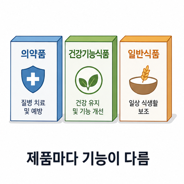 의약품&middot;건강기능식품&middot;일반식품을 구분하고 제품마다 기능이 다름을 설명한 이미지