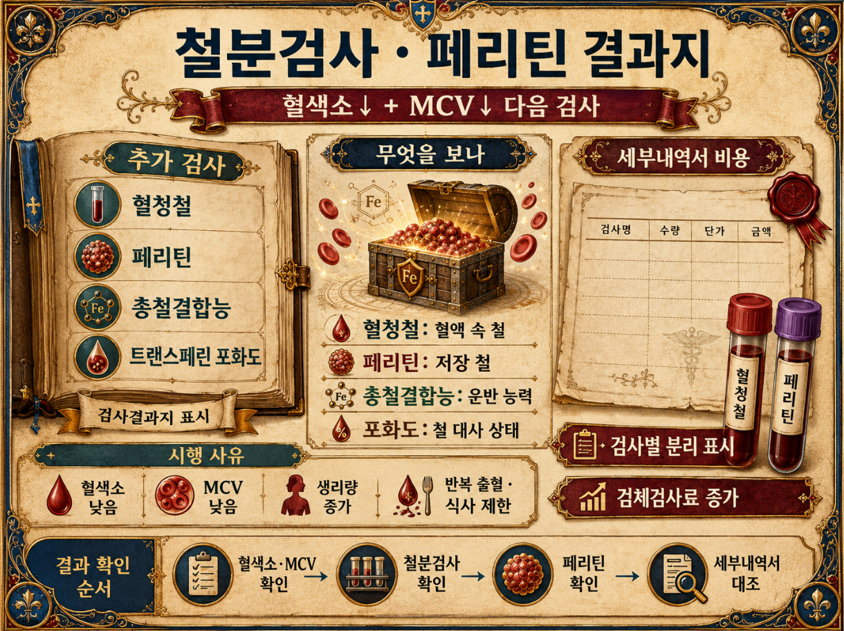 혈색소와 MCV가 낮을 때 철분검사 페리틴 총철결합능 결과지를 확인하는 인포그래픽