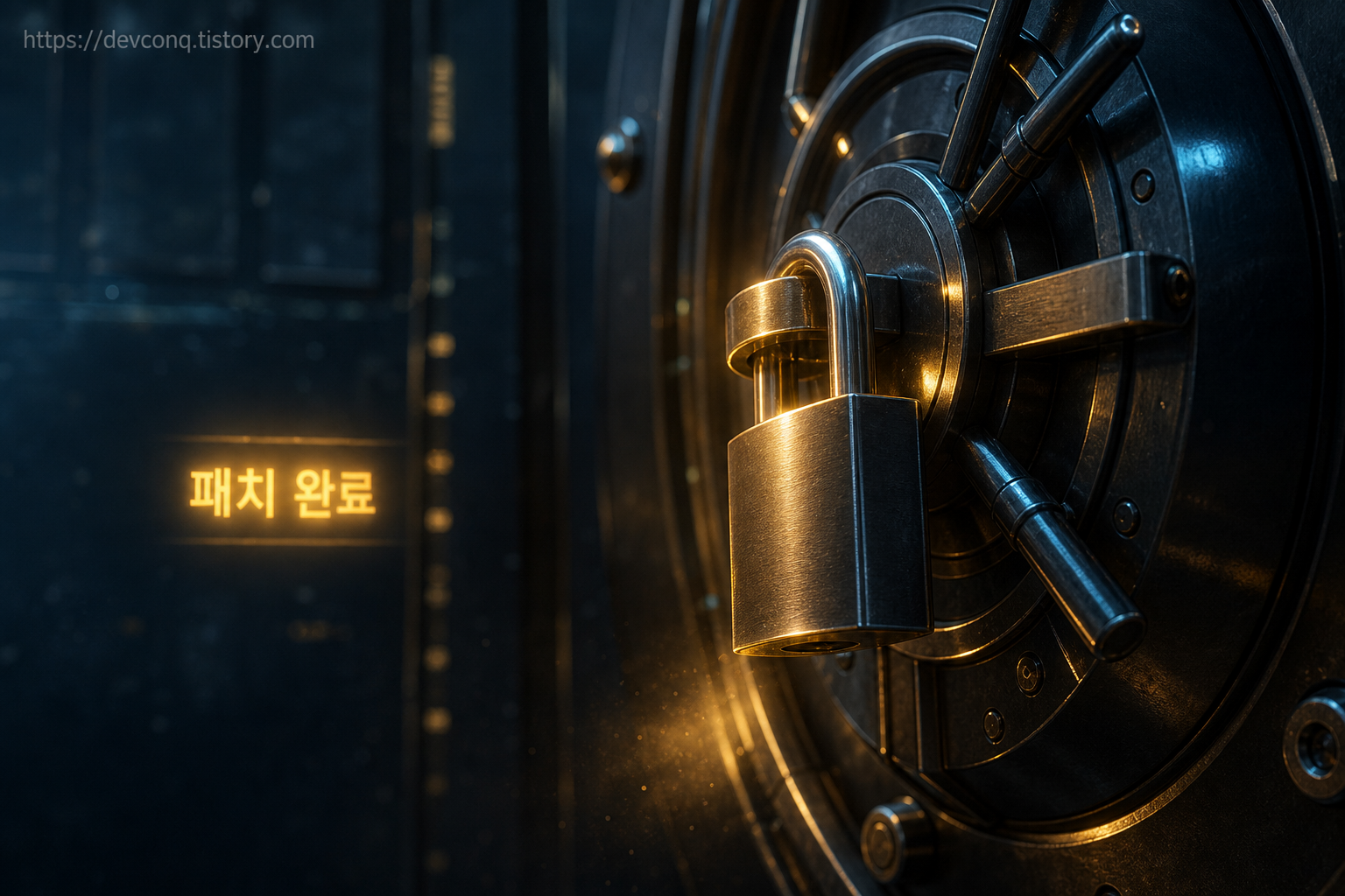 자물쇠가 찰칵 잠기며 금고에 빛이 도는 패치 완료 마무리 장면