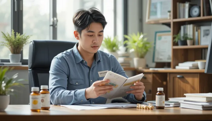 비타민B3 효능을 확인하며 영양제 라벨을 읽는 남성의 모습