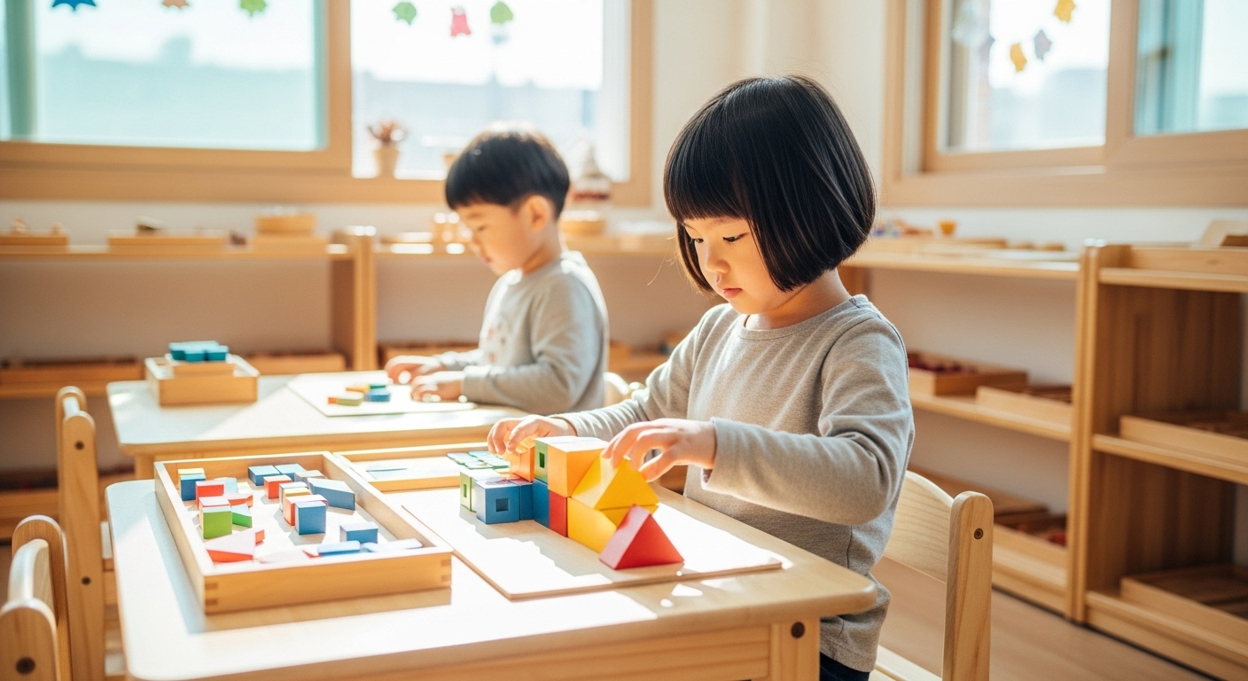 몬테소리 교실에서 한국인 여자아이가 집중하여 나무 블록 교구를 만지고 있는 모습. 평화롭고 정돈된 교육 환경이 아이의 자기 주도 학습을 돕습니다.