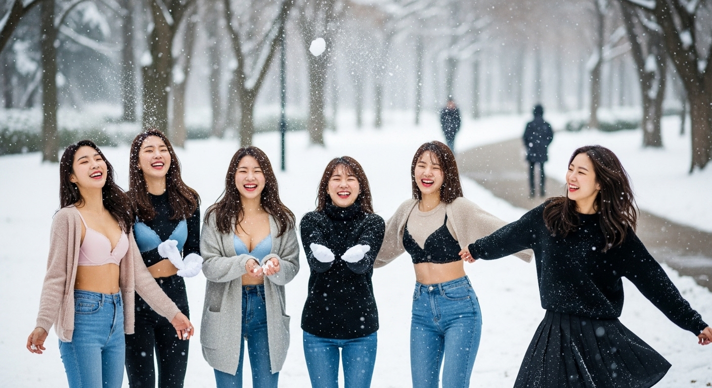 첫눈을 맞아 놀고있는 여자들