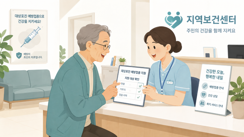 보건소에서 대상포진 예방접종 지원 대상을 확인하는 어르신의 모습 일러스트