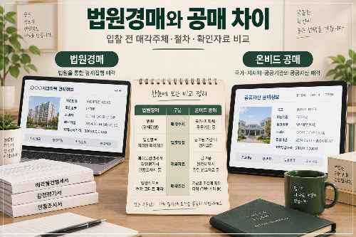 법원경매와 온비드 공매의 매각주체와 입찰절차, 확인자료를 비교하는 모습