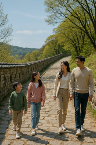 성곽길을 따라 산책하고 있는 가족 모습