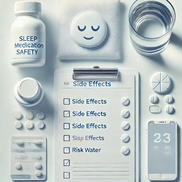 수면제 처방약, 부작용 체크리스트, 물컵이 밝은 배경에 정돈된 이미지, 안전한 수면제 복용 상징
