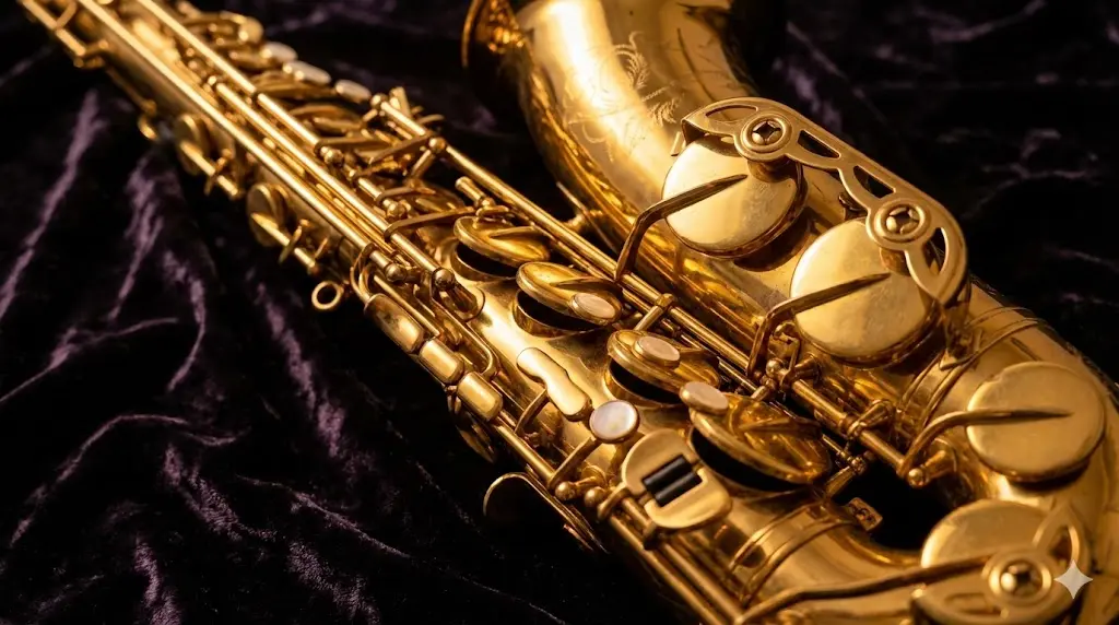 색소폰 마스터를 위한 고급스러운 금빛 색소폰의 정교한 키 디테일과 악기 이미지