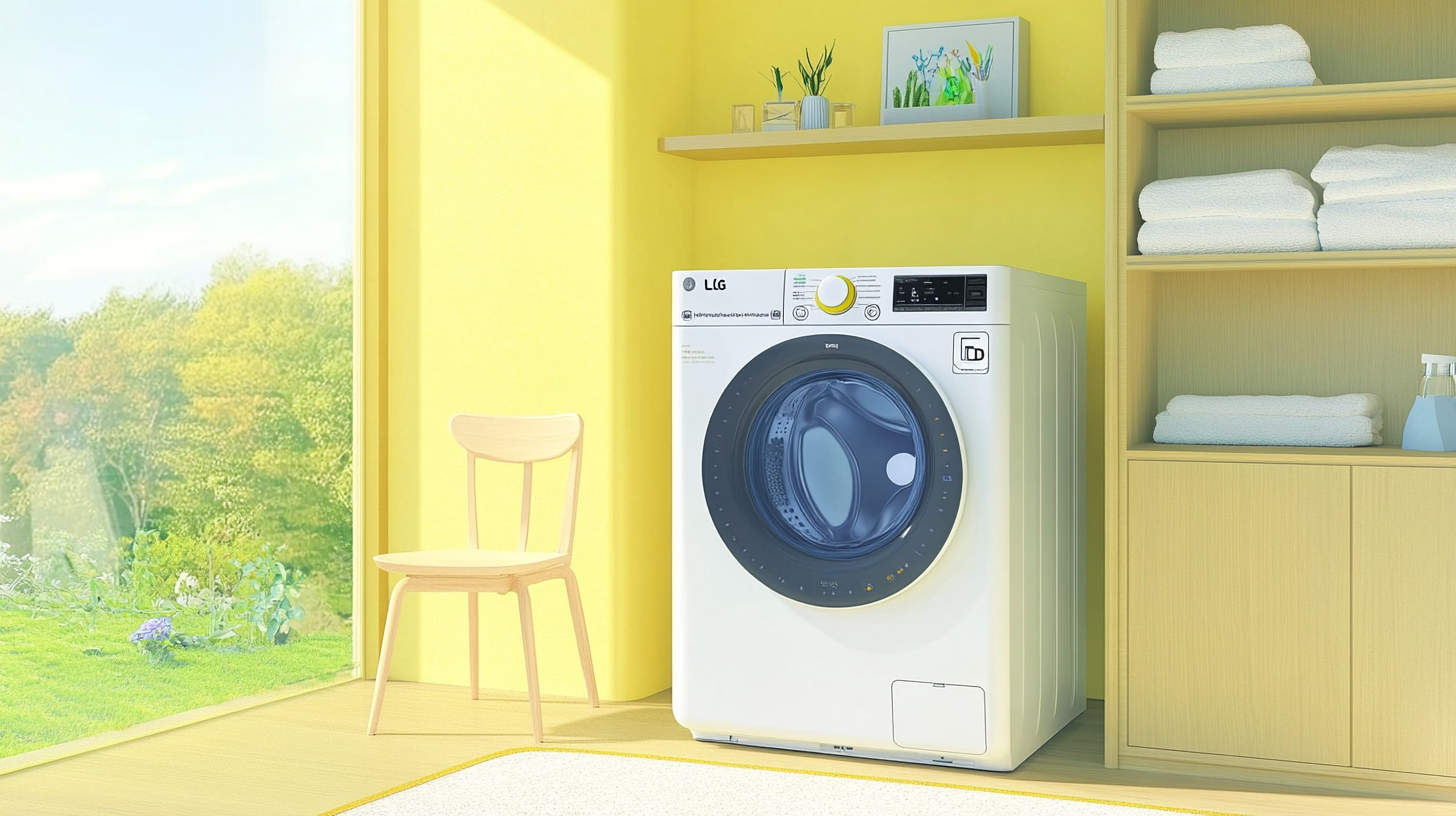 최첨단 AI DD 모터 기술을 갖춘 LG 트롬 세탁기가 현대적인 세탁실에 위치하여 디지털 제어 패널과 세련된 디자인을 자랑하는 모습