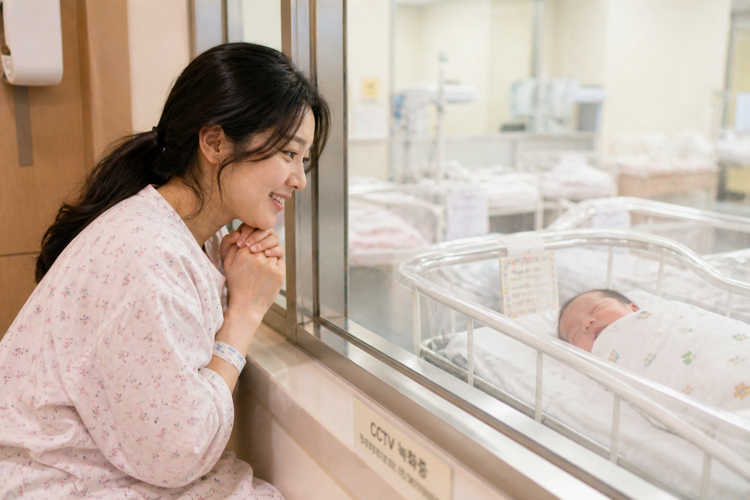 신생아실에서 아기를 바라보며 미소 짓는 산모