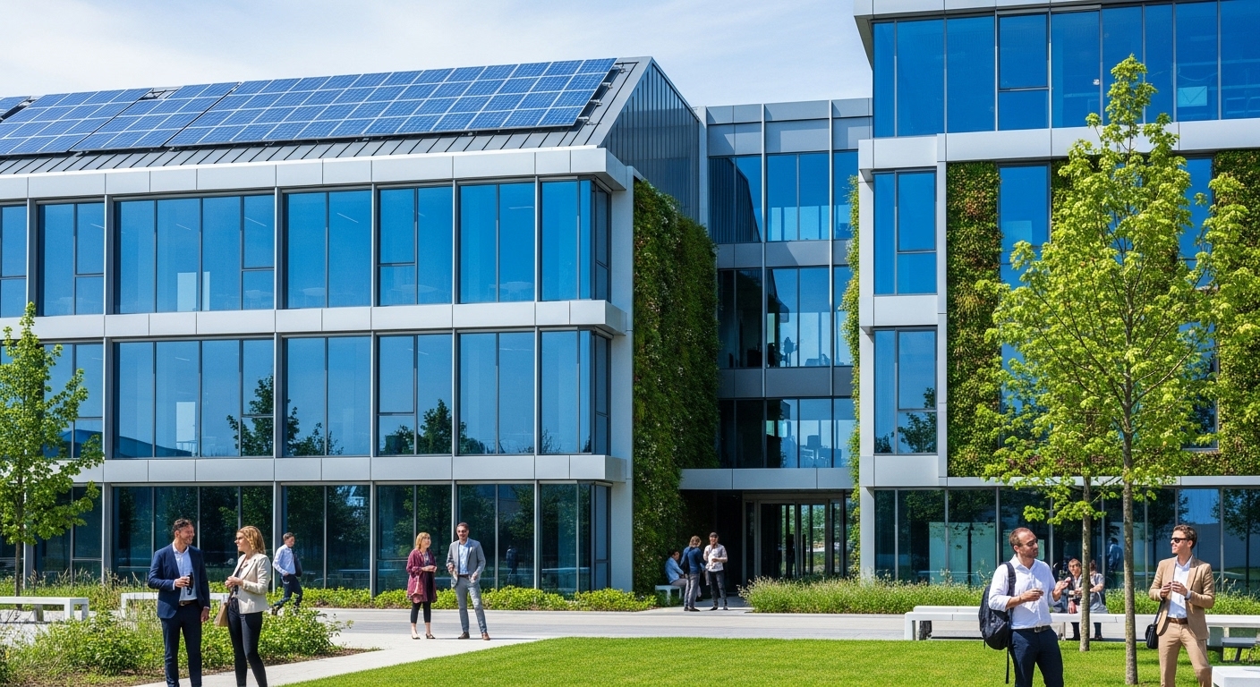 태양광 패널과 녹색 벽면이 돋보이는 친환경 스마트 오피스 빌딩, 현대적인 디자인과 지속 가능성을 강조.