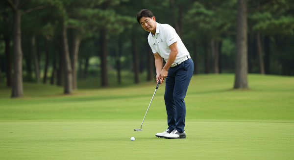 50대 남성 골프 퍼팅 집중 연습장면