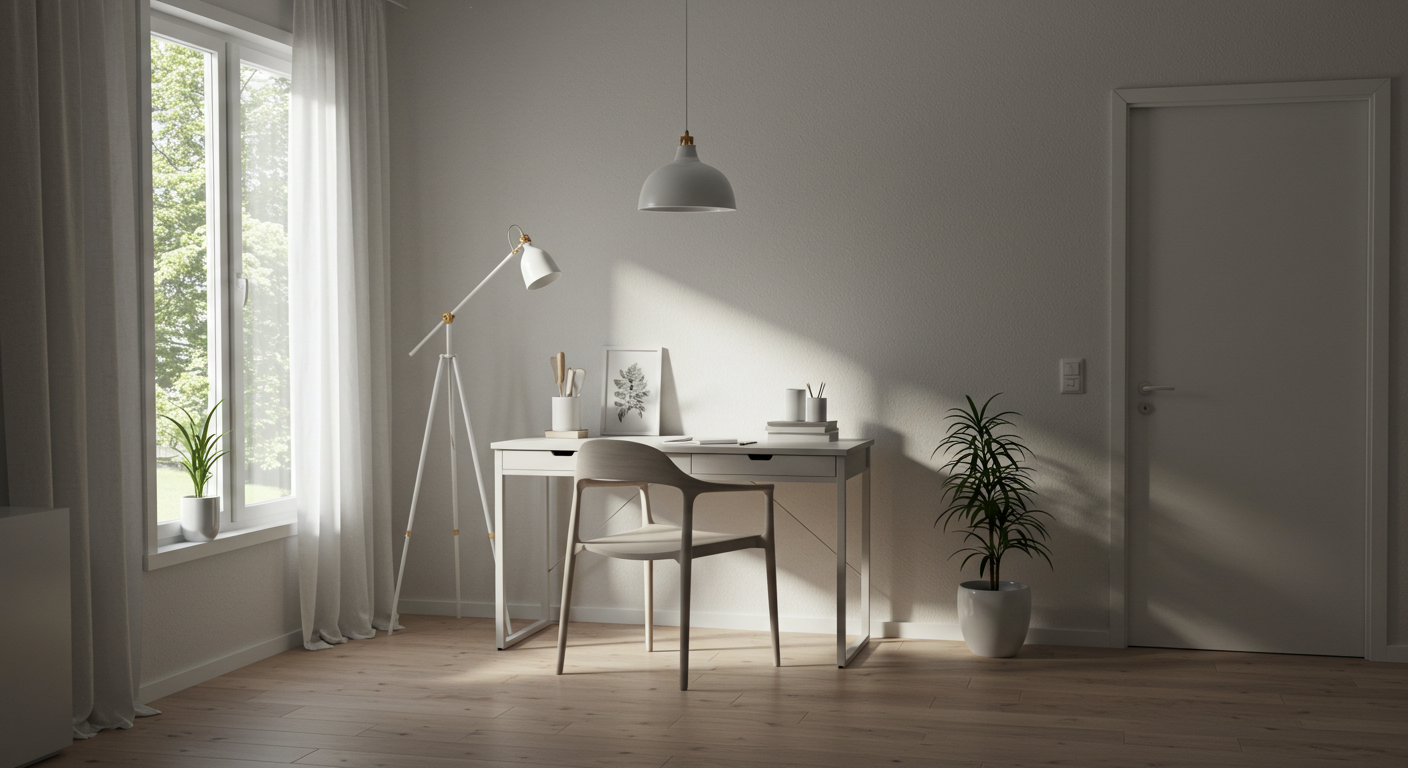 밝고 깨끗한 미니멀 인테리어 공간, 간소한 가구와 자연광이 어우러진 조용한 실내 모습. 물건이 적은 환경에서 느껴지는 여유와 단순한 삶의 가치를 시각적으로 표현한 이미지.