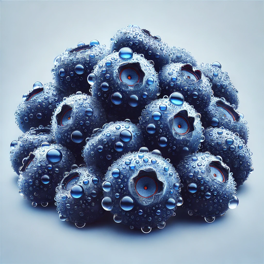 물방울이 맺힌 깨끗하게 씻은 블루베리의 근접 이미지로, 매끄러운 표면과 신선한 푸른색이 돋보입니다.
