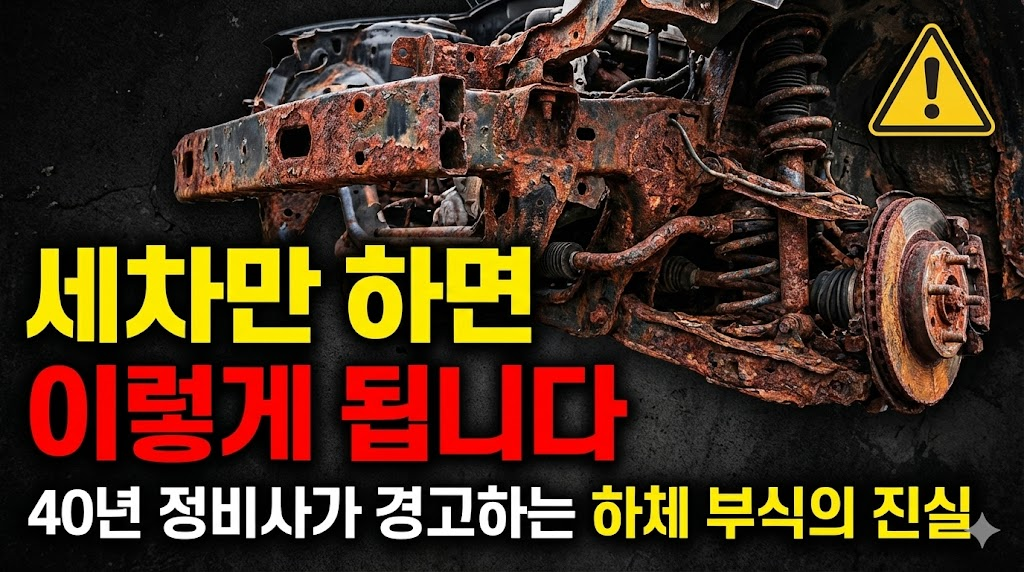 충격적인 비주얼로 시선을 사로잡는 썸네일입니다. 붉게 녹슨 자동차 하체의 적나라한 모습을 보여주며, "세차만 하면 이렇게 됩니다"라는 도발적인 메인 카피로 운전자들의 경각심을 일깨웁니다. "40년 정비사가 경고하는 하체 부식의 진실"이라는 서브 카피는 신뢰도를 높여 클릭을 유도합니다.