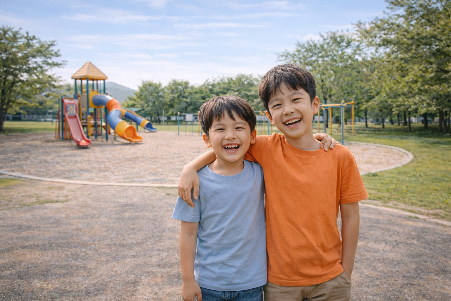 넓은 놀이터를 배경으로 7살과 10살 남자아이가 어깨동무를 하고 환하게 웃고 있는 모습