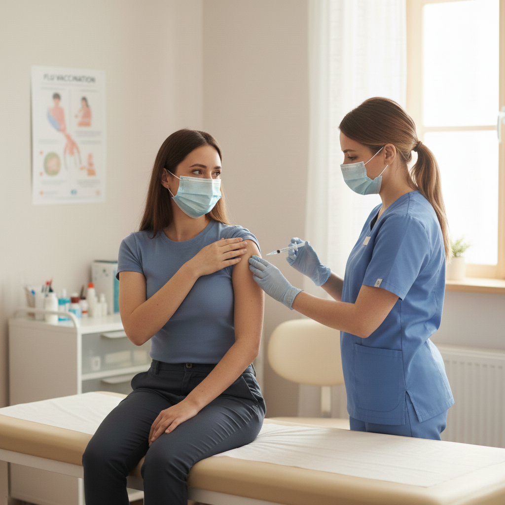 A형 독감 예방을 위해 의료진에게 백신 접종을 받는 여성 모습