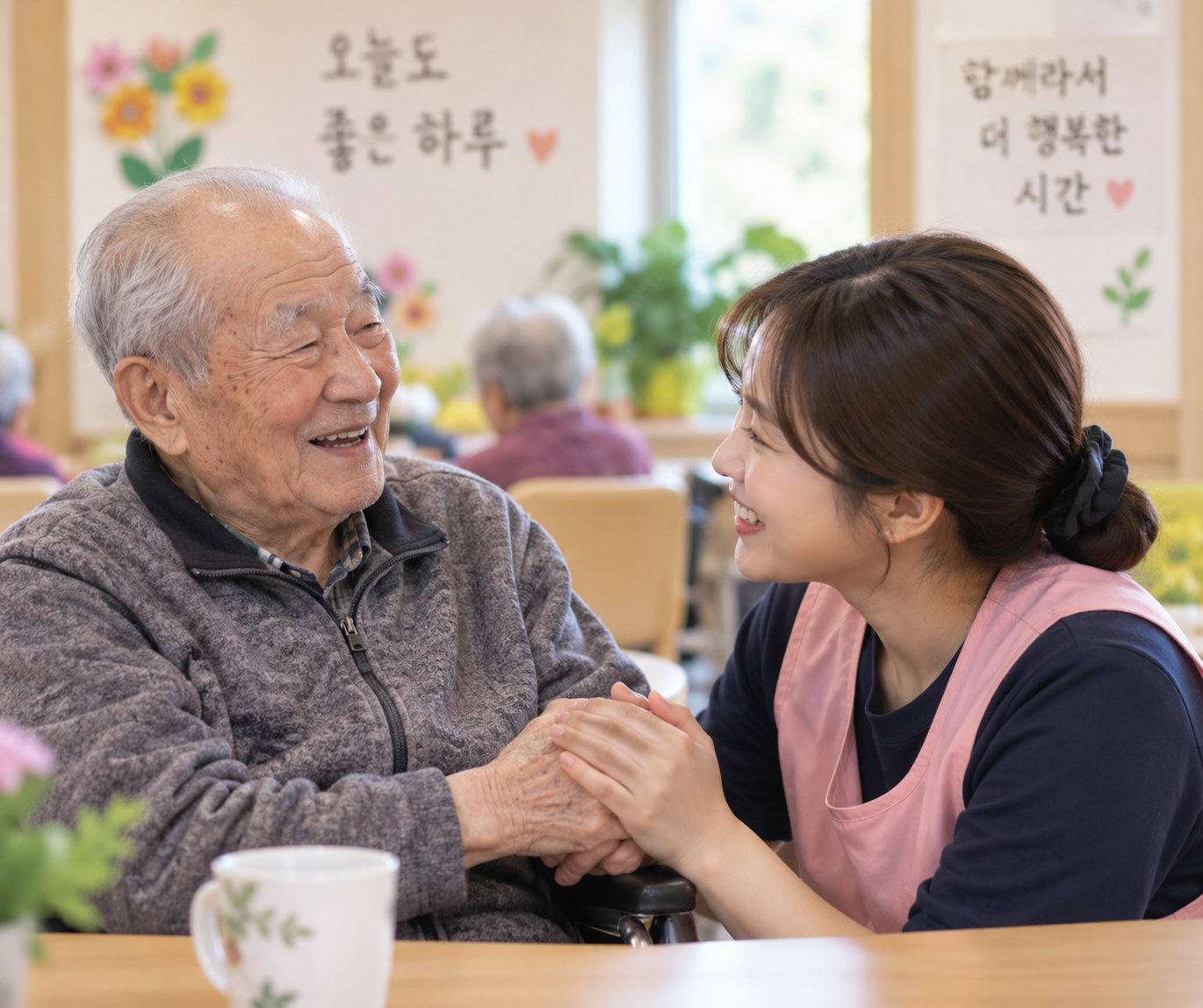 통풍으로 손이 불편한 어르신의 손을 따뜻하게 잡으며 이야기를 나누는 주야간보호센터 요양보호사