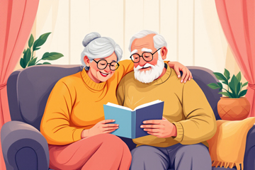 안경을 쓴 노년 부부가 소파에 나란히 앉아 책을 함께 읽으며 웃고 있는 행복한 모습