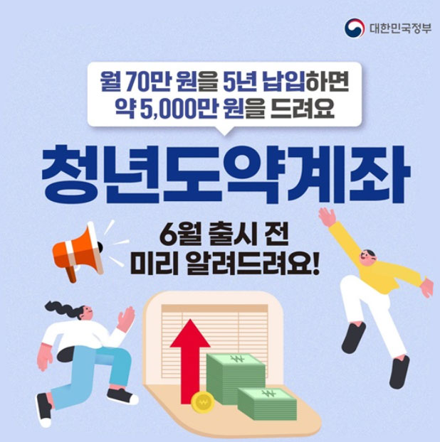 청년도약계좌 6월 출시전 미리알려드려요 문구와 월 70만원을 5년 납입하면 약 5,000만원을 드려요 라는 문구를 나타내는 이미지