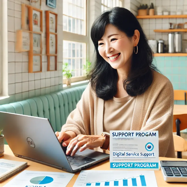 작은 카페 책상에서 노트북으로 디지털 서비스 사용 현황을 확인하며 미소 짓는 동양인 중년 여성의 초고해상도 사진