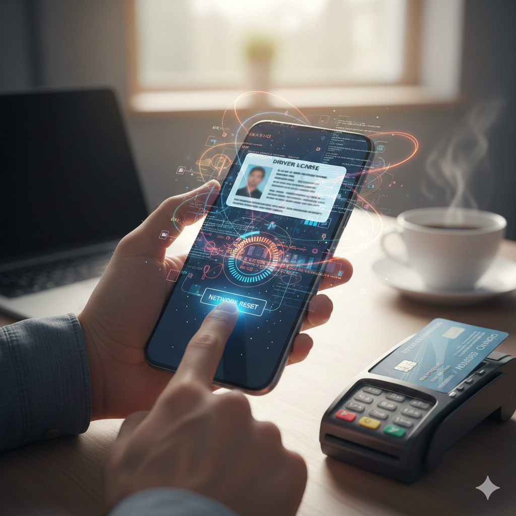 밝은 실내 책상 위에서 한 사용자가 스마트폰 화면의 NETWORK RESET 버튼을 터치하여 모바일 운전면허증 등록 오류를 해결하려는 모습이에요. 스마트폰 화면 위로는 디지털화된 신분증 정보와 복잡한 데이터 스트림이 홀로그램 형태로 떠 있으며, 옆에는 카드 결제 단말기와 김이 모락모락 나는 커피 한 잔이 놓여 있어 일상적인 디지털 금융 환경을 사실적으로 보여주는 사진이에요.
