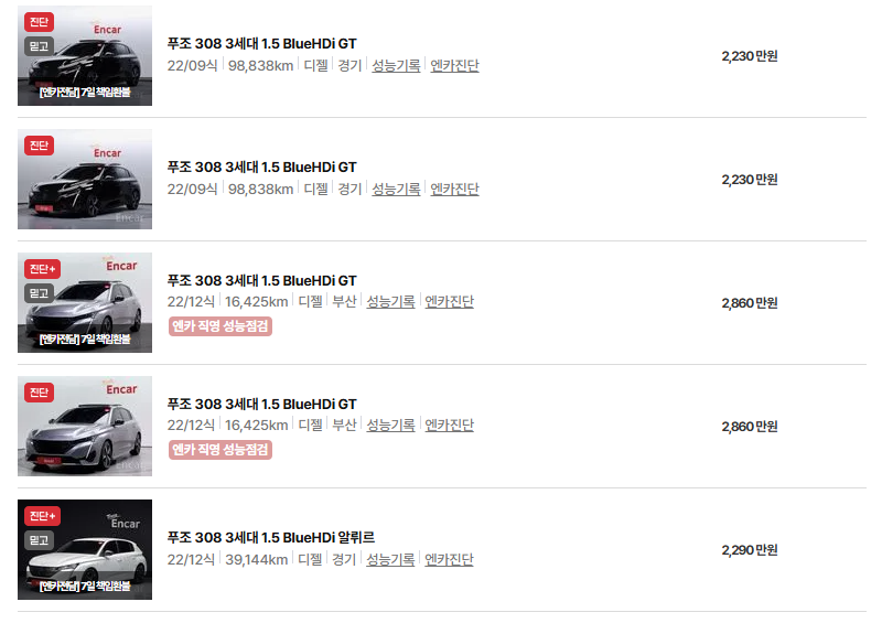 푸조 308 중고차 가격 시세표 유지비