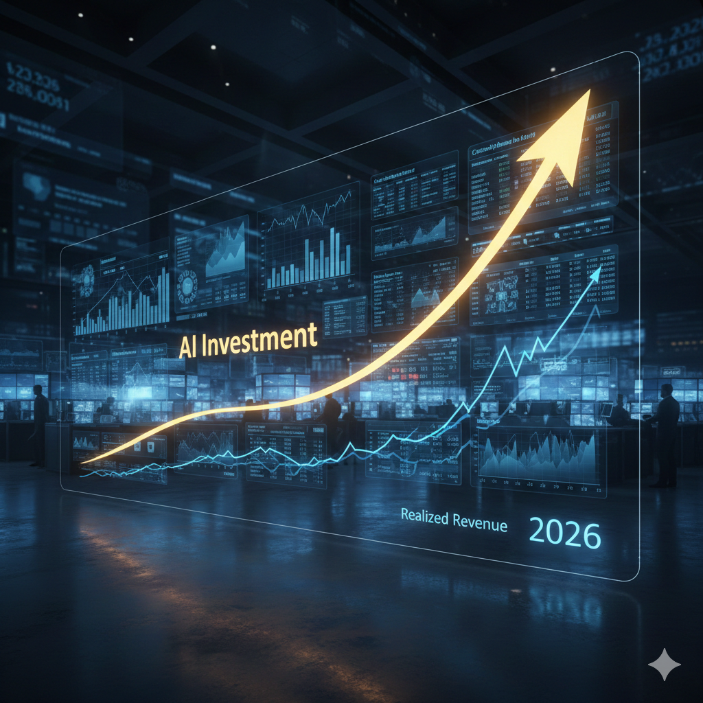 2026년 AI 투자 규모와 실질 수익 창출 간의 격차를 나타내는 분석 그래프 시각화 이미지
