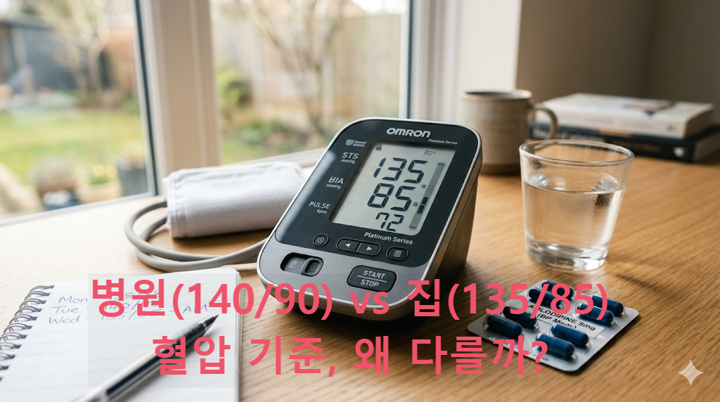 가정 혈압 기준 135/85 수치가 표시된 혈압계와 아침 측정 환경