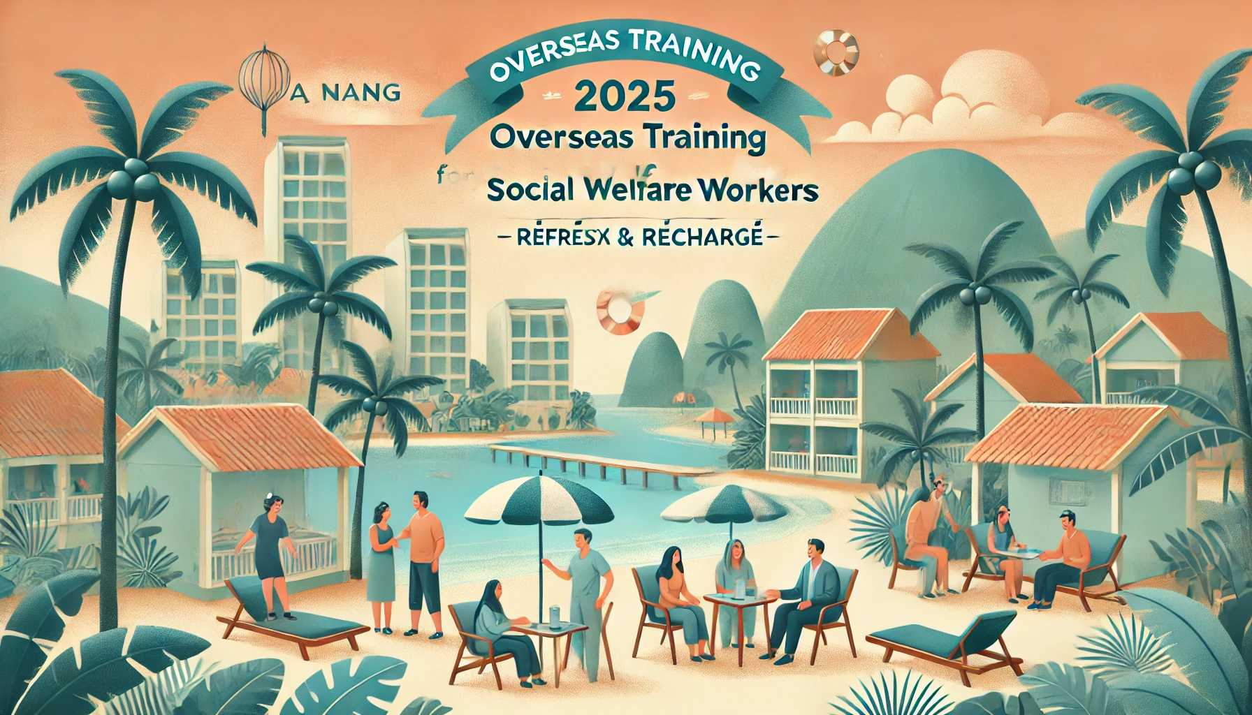 다낭 해변 리조트에서 사회복지 종사자들이 교류하며 힐링하는 장면