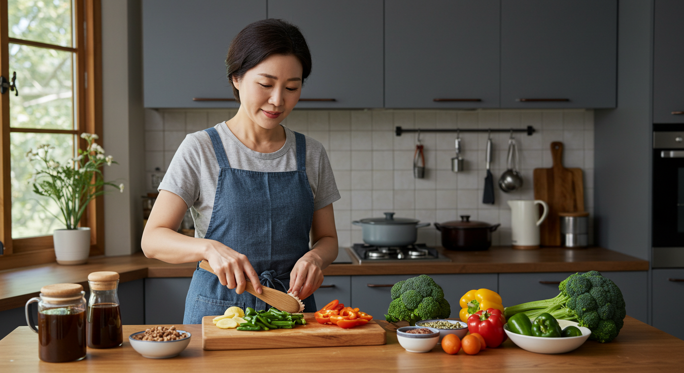 건강한 식사와 운동을 하는 중년 여성