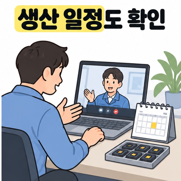 생산 일정도 확인이라는 문구 아래 담당자가 노트북으로 화상회의를 하고 옆에 달력과 칩 샘플 트레이가 놓인 모습