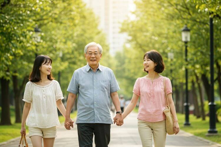 가족과 가벼운 산책을 하는 모습