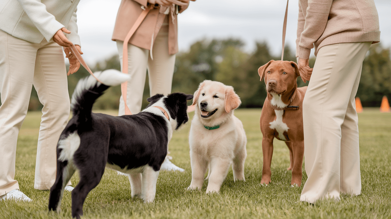 cute puppy socializing with different dogs and people