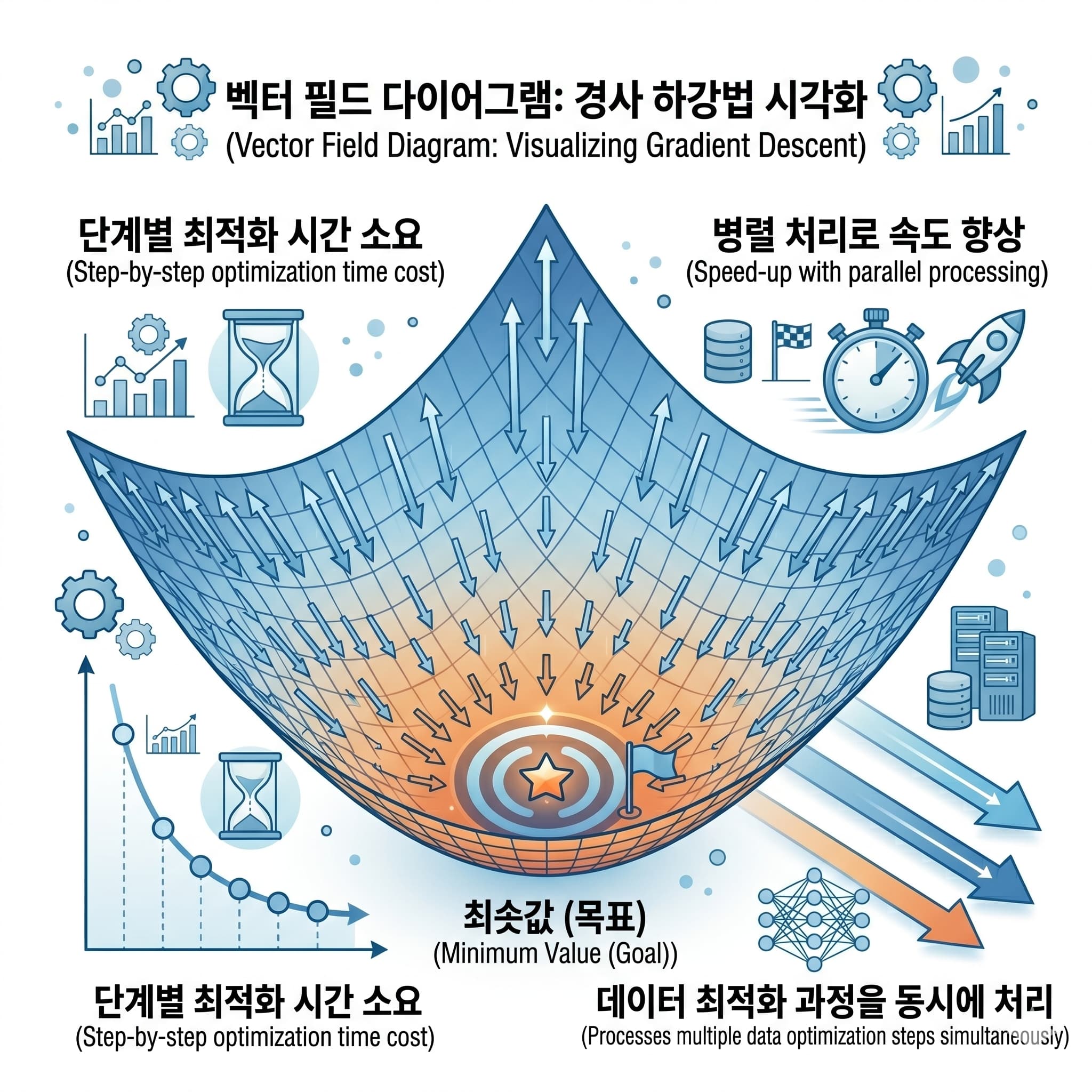3D 곡면 위에서 그레디언트 벡터가 각 지점의 경사 방향을 가리키는 다이어그램