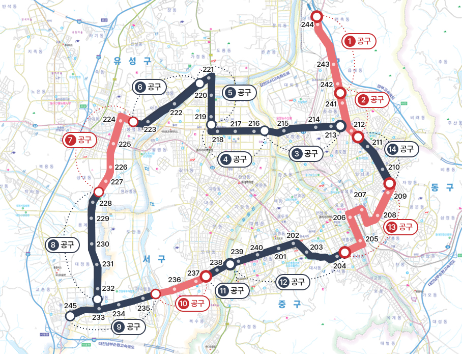 대전 트램 확정노선도(+정거장 45곳 위치, 착공)