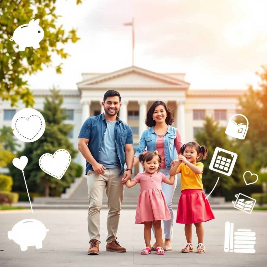 정부 기관 로고(예: 보건복지부, 저출산고령사회위원회 등)와 함께 아동수당 관련 내용이나 아이콘을 배치하거나, 정부 건물을 배경으로 가족이 함께 있는 모습을 상징적으로 보여줍니다.